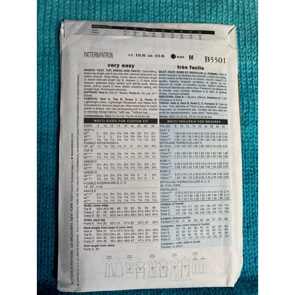 Butterick | Office | Butterick Sewing Pattern 55 Top Pants Dress Vest ...